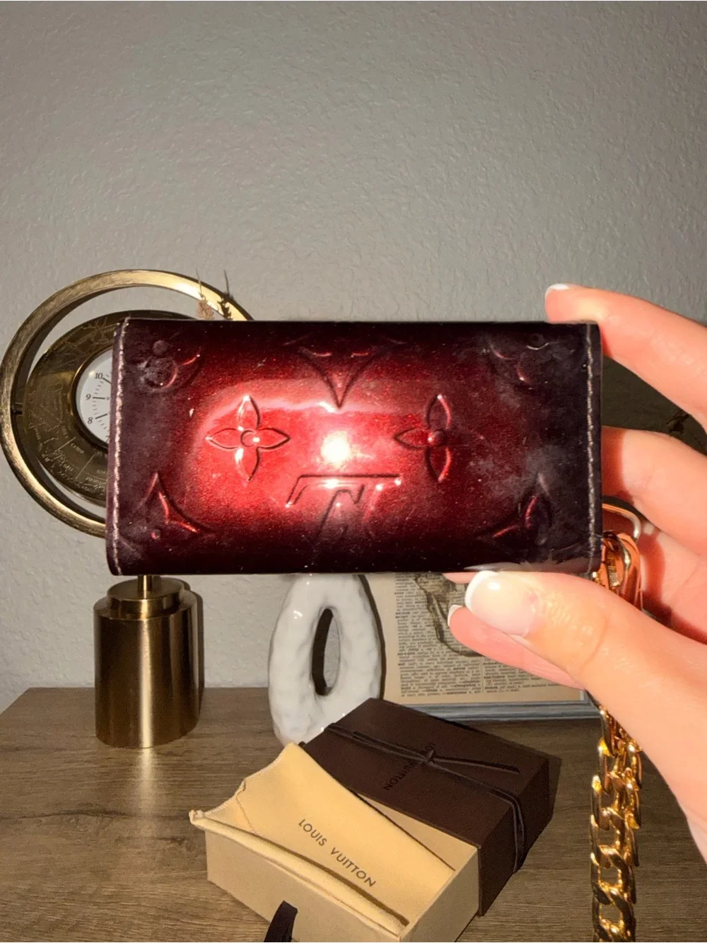 Louis Vuitton Burgundy Vernis Monogram Key Pouch with Gold Chain